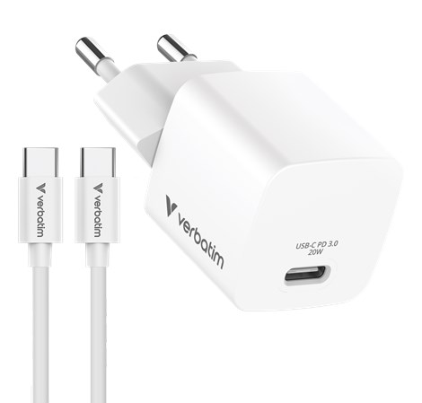 Verbatim Mini GaN punjač 20W PD3.0  s kabelom USB-C / C, M/M, 1.0m , bijeli