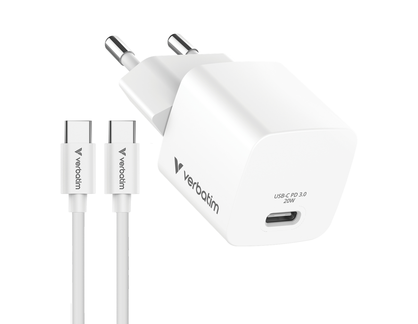 Verbatim Mini GaN punjač 20W PD3.0 s kabelom USB-C / C, M/M, 1.0m , bijeli
