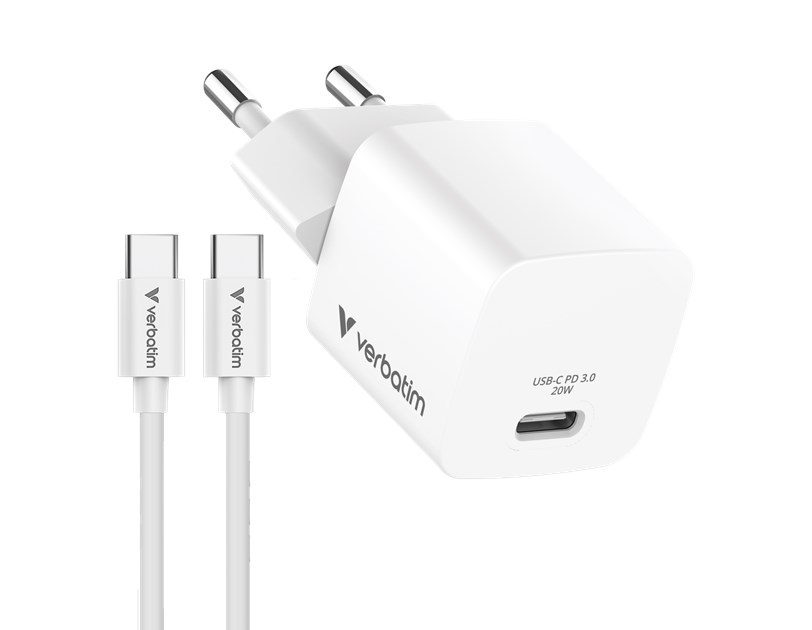 Verbatim Mini GaN punjač 20W PD3.0  s kabelom USB-C / C, M/M, 1.0m , bijeli