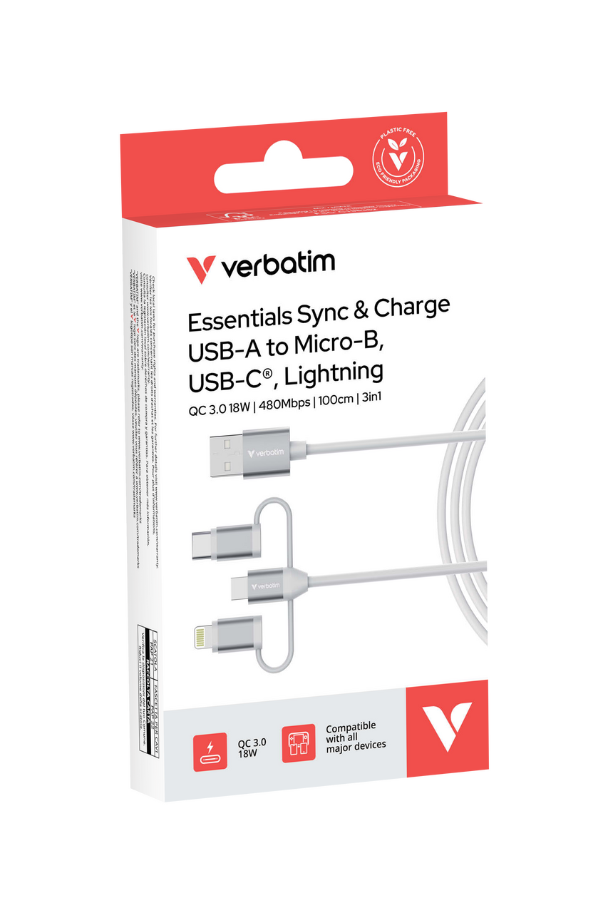 Verbatim Sync & Charge kabel 3-u-1 USB-A na Micro-B/USB-C/Lightning, M/M, 18W, b...
