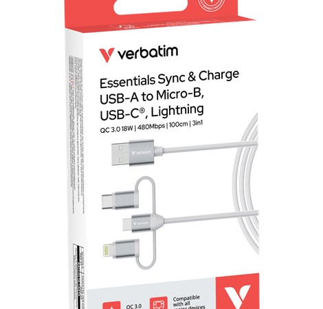 Verbatim Sync & Charge kabel 3-u-1 USB-A na Micro-B/USB-C/Lightning, M/M, 18W, bijeli, 1.0m