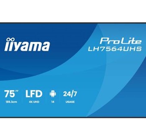 IIYAMA 75" LH7564UHS-B1AG 4K UHD (3840x2160) VA Signage 24/7, 500 cd/m2, 5000:1, Android OS 14, iiShare, iiControl, iiSignage2