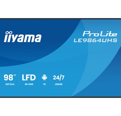 IIYAMA 98" LE9864UHS-B1AG 4K UHD (3840x2160) VA Signage 24/7, 500 cd/m2, 5000:1, Android OS 14, iiShare, iiControl, iiSignage2