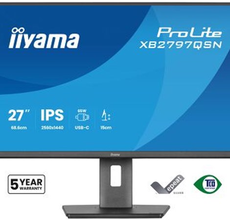 IIYAMA 27" XB2797QSN-B1 QHD (2560×1440) IPS Pivot, 75Hz, 1ms, 350cd/m2, 1000:1, HDMI/DP, USB-C Dock (PD 65W, DP out), 2×USB-A/2×USB-C, RJ45, zvučnici