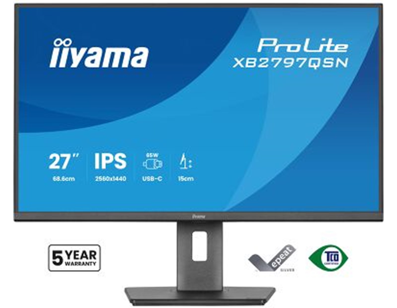 IIYAMA 27" XB2797QSN-B1 QHD (2560×1440) IPS Pivot, 75Hz, 1ms, 350cd/m2, 1000:1, HDMI/DP, USB-C Dock (PD 65W, DP out), 2×USB-A/2×USB-C, RJ45, zvučnici