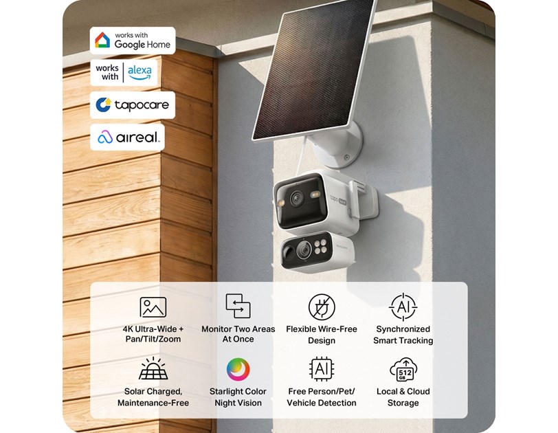 TP-Link Tapo C675D kamera + Tapo A202 Solar panel, 4K/8MP (3840x2160), 10000mAh punjiva li-lon bater, microSD, 6×Spotlights, detekcija pokreta, IP65, Dual Lens/Telephoto, Wi-Fi/Tapo app