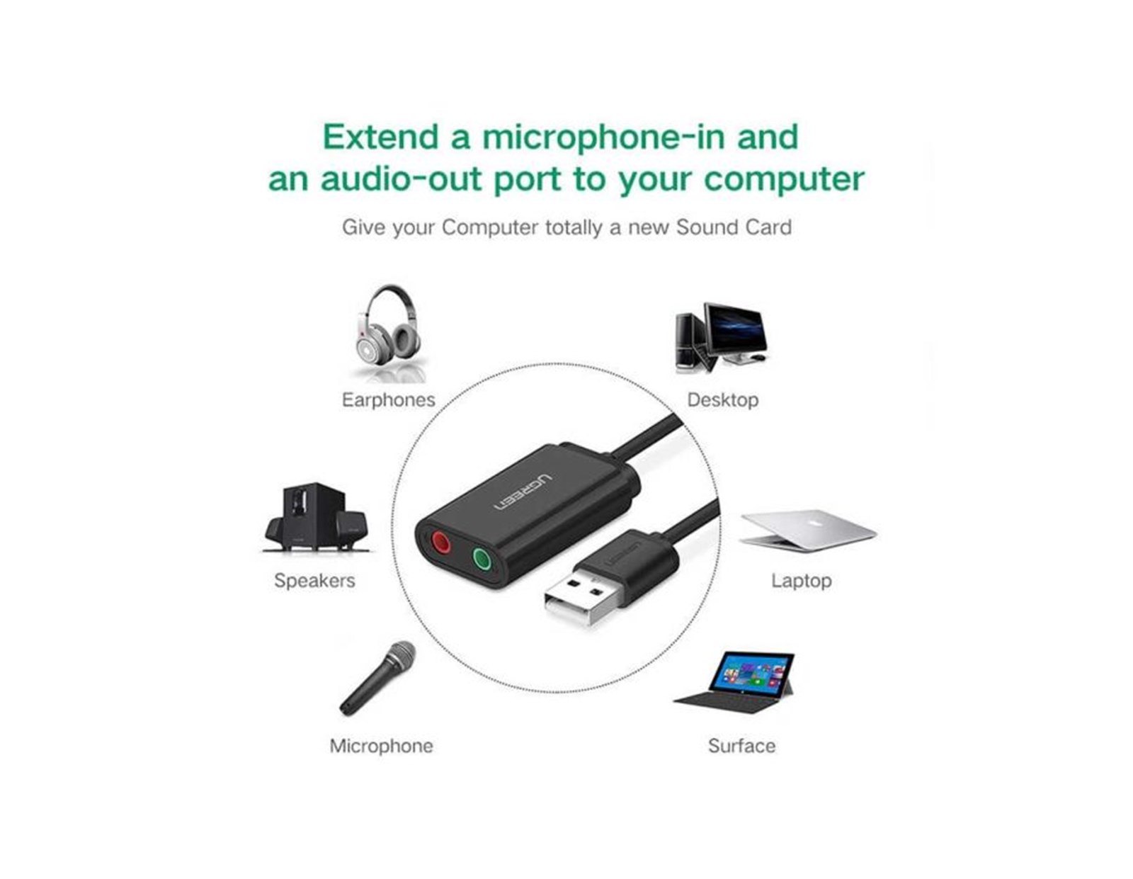 UGREEN adapter USB-A na 3.5mm, crni, 15cm