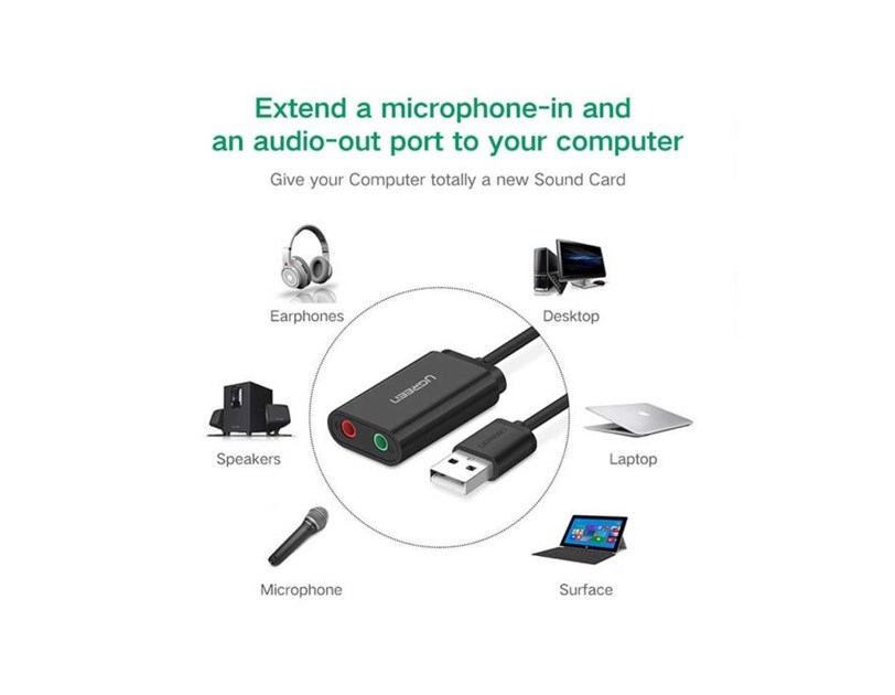 UGREEN adapter USB-A na 3.5mm, crni, 15cm