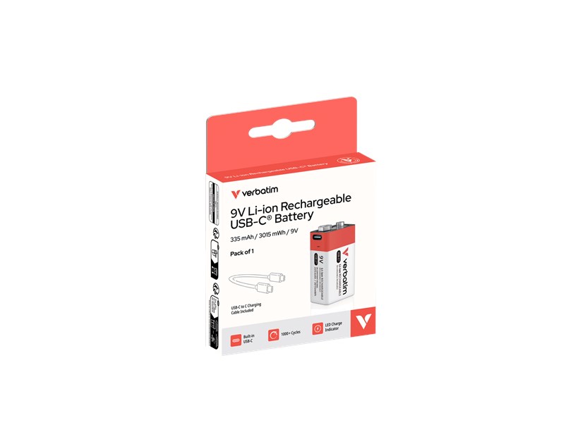 Verbatim 9V-6LR61 USB-C punjiva baterija, 9.0V, 335 mAh (1 komad)
