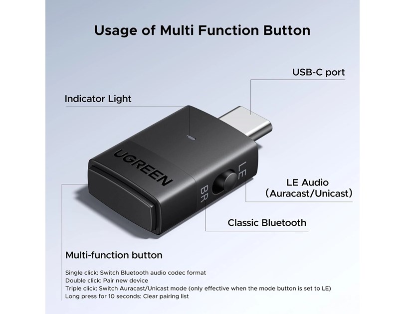 UGREEN Bluetooth 6.0 bežični audio odašiljač s LDAC podrškom i 3,5 mm priključkom, domet do 10m